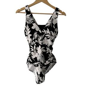 Lands End‎ Black Floral V-Neck High Cut One Piece Bathing Suit Size S
